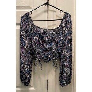 Wild Fable Floral Long Sleeve Crop Top Ruched Smocked Women's Medium Cottage‎